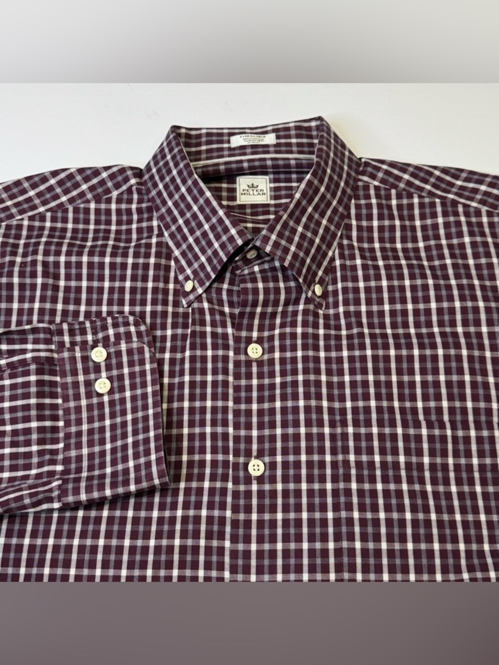 Peter Millar Men's XL 100% Cotton Long Sleeve Button Down Burgundy Blue Plaid